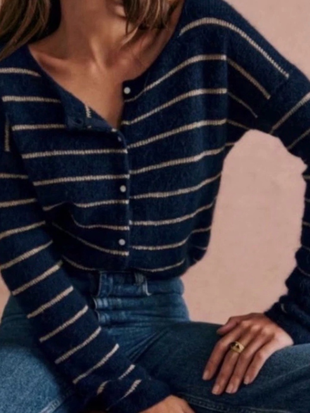 La Maille Sezane Mohair Alpaca Blue Gold Stripe Cardigan Sweater M